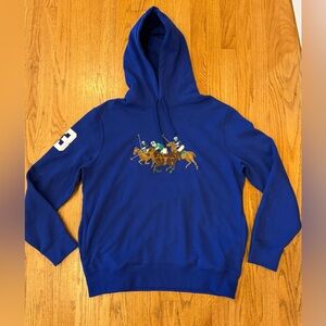 Ralph Lauren Triple Pony Fleece cotton hoodie blue “3” patch on sleeve large